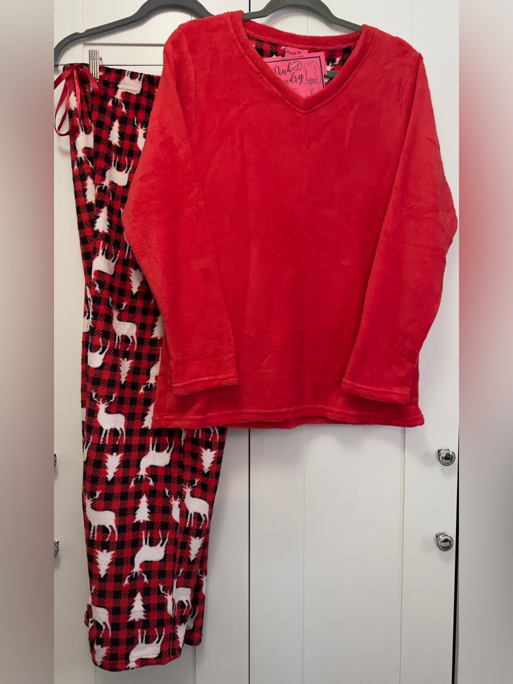 Red Fleece Pajama Set with Reindeer Print Pants Sz LG NEW!